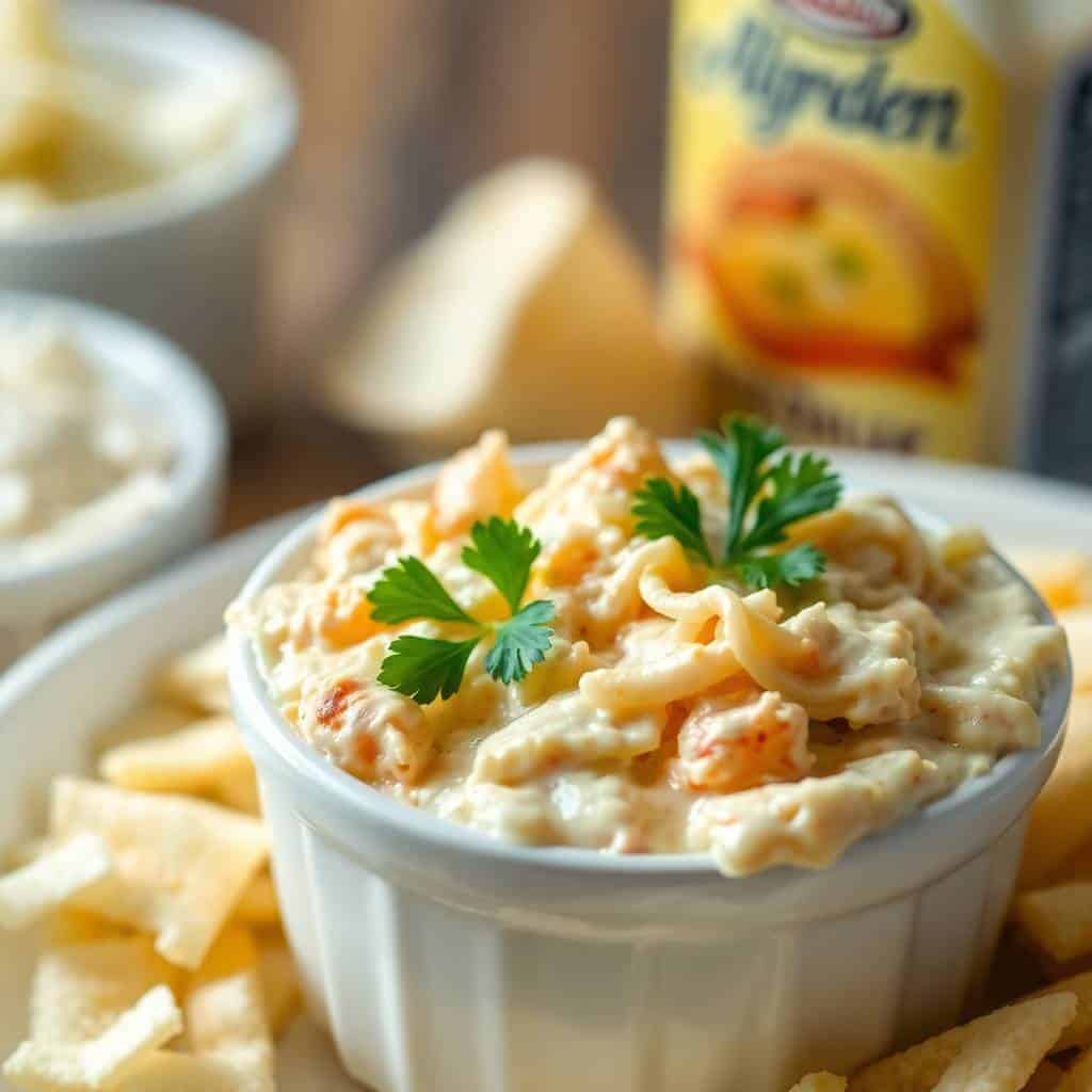 Cheesy chicken Alfredo dip in white bowl garnished with parsley, served with French fries.