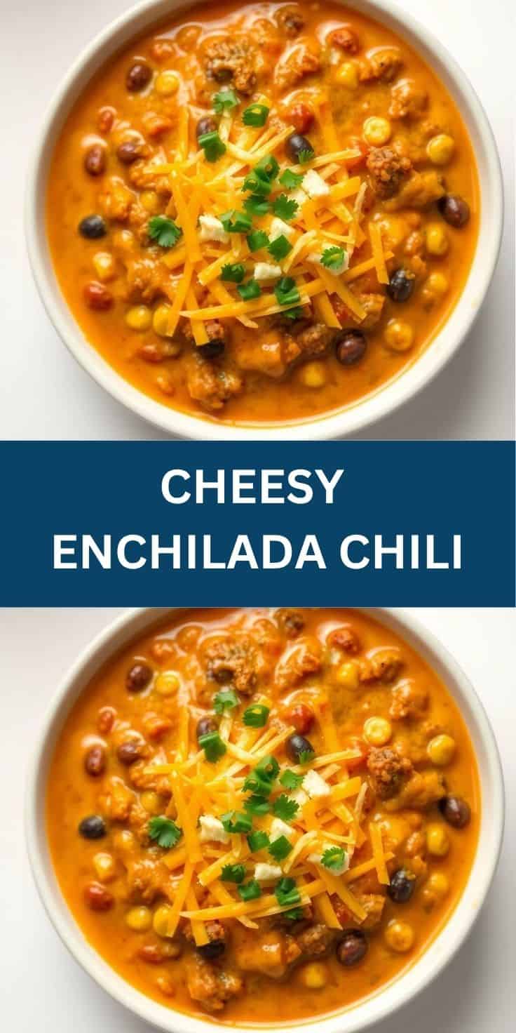 Two bowls of cheesy enchilada chili with beans, corn, ground beef, melted cheese, and cilantro garnish.