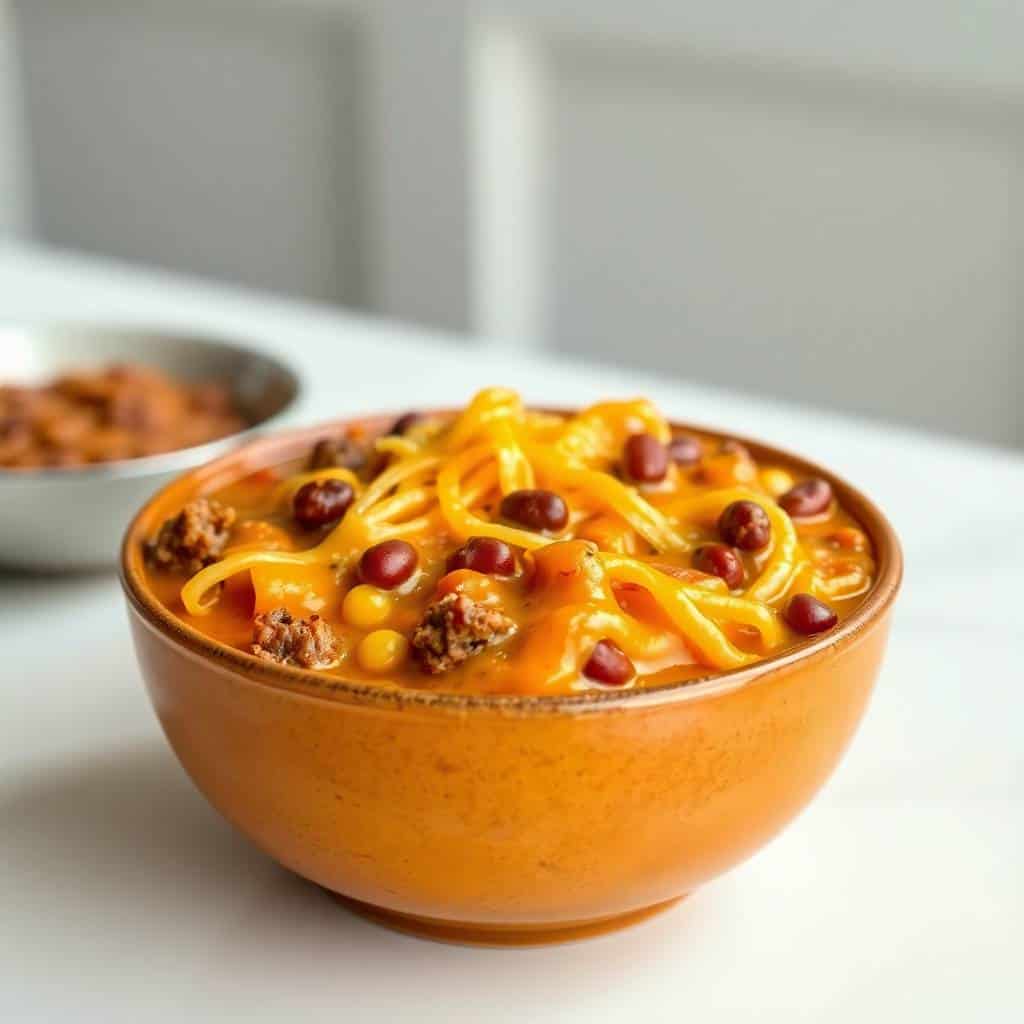 Cheesy enchilada chili in terracotta bowl, topped with shredded cheese, red beans, and ground beef.