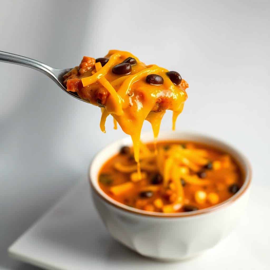 Cheesy enchilada chili with melted orange cheese, beans, and tomatoes on a spoon over a white bowl.