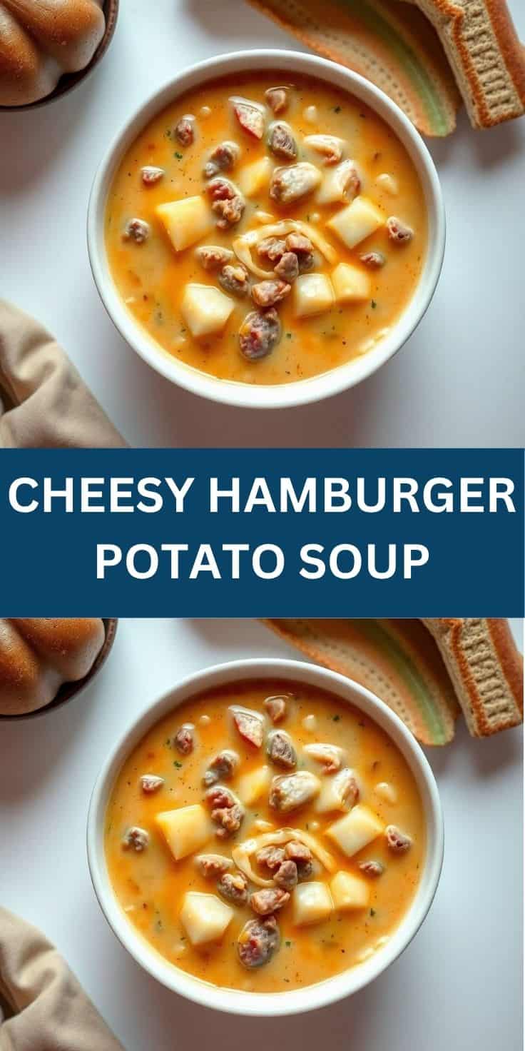 Cheesy hamburger potato soup in white bowl with bread, topped with ground beef and black pepper.