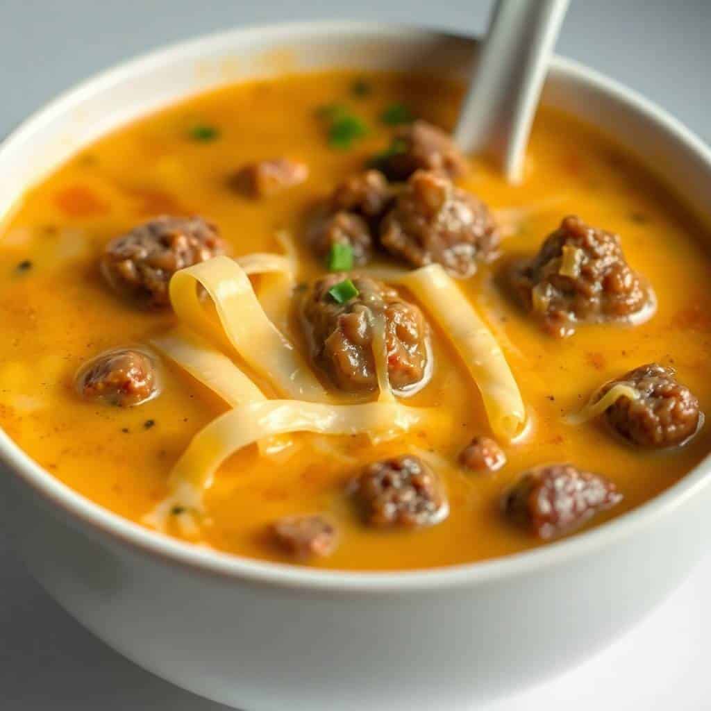 Cheesy hamburger potato soup in white bowl with ground beef, noodles, and green onion garnish.