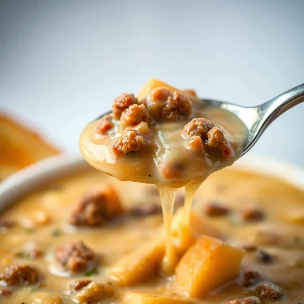Spoonful of cheesy hamburger potato soup with ground beef, potatoes, and creamy broth dripping from spoon.