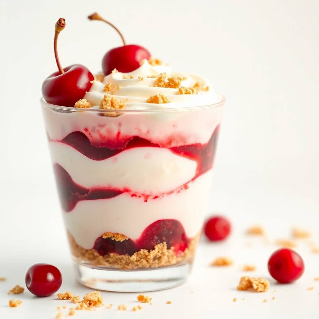 Cherry cheesecake fluff parfait with whipped cream, graham cracker crust, and maraschino cherry garnish.