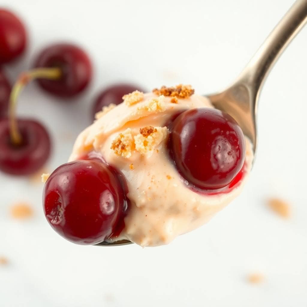 Cherry cheesecake fluff on spoon with fresh cherries and graham cracker crumble topping.