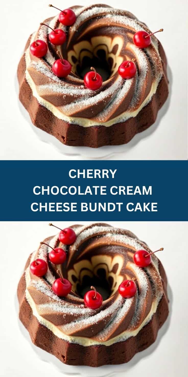 Cherry Chocolate Cream Cheese Bundt Cake dusted with powdered sugar, topped with fresh red cherries.