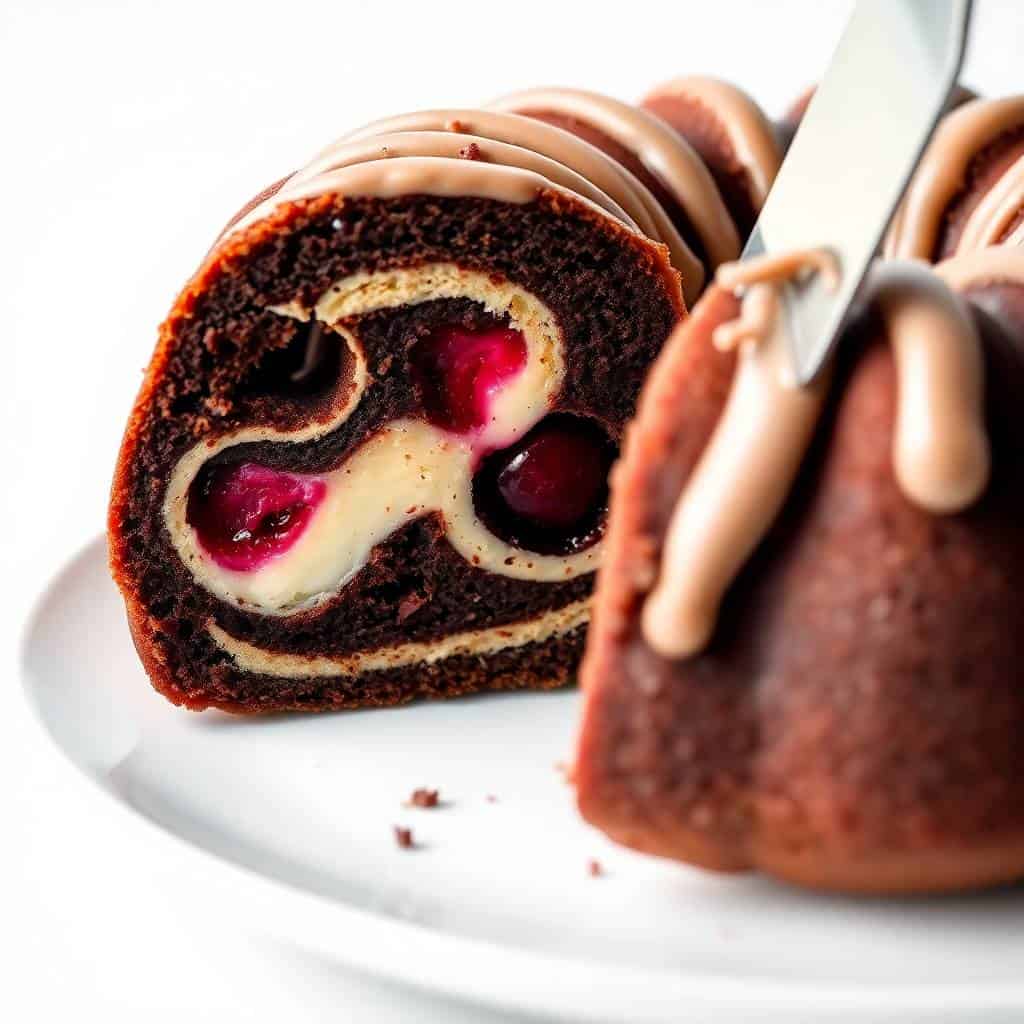 Cherry chocolate cream cheese bundt cake sliced on white plate, revealing red cherry filling and swirl pattern.