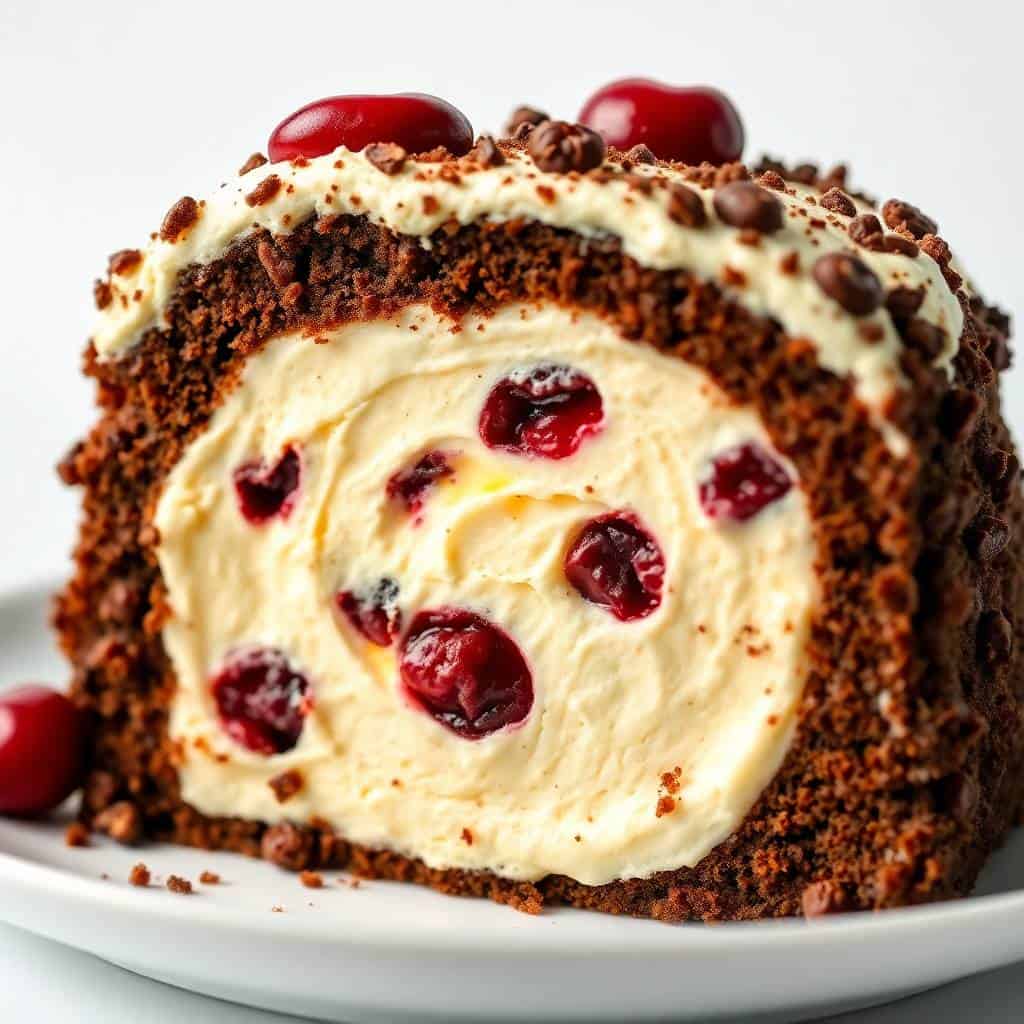 Sliced cherry chocolate cream cheese Bundt cake with cherries and chocolate shavings on white plate.