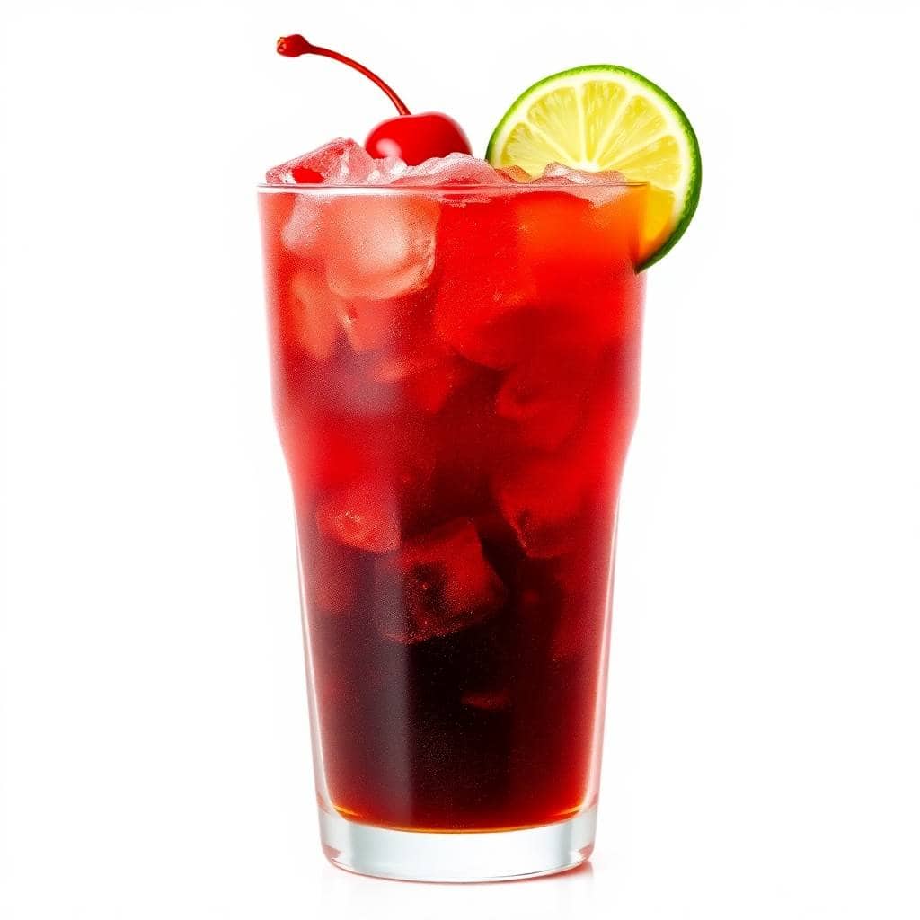 Cherry Coke Slushie served in a tall glass with ice, lime wedge, and maraschino cherry garnish.