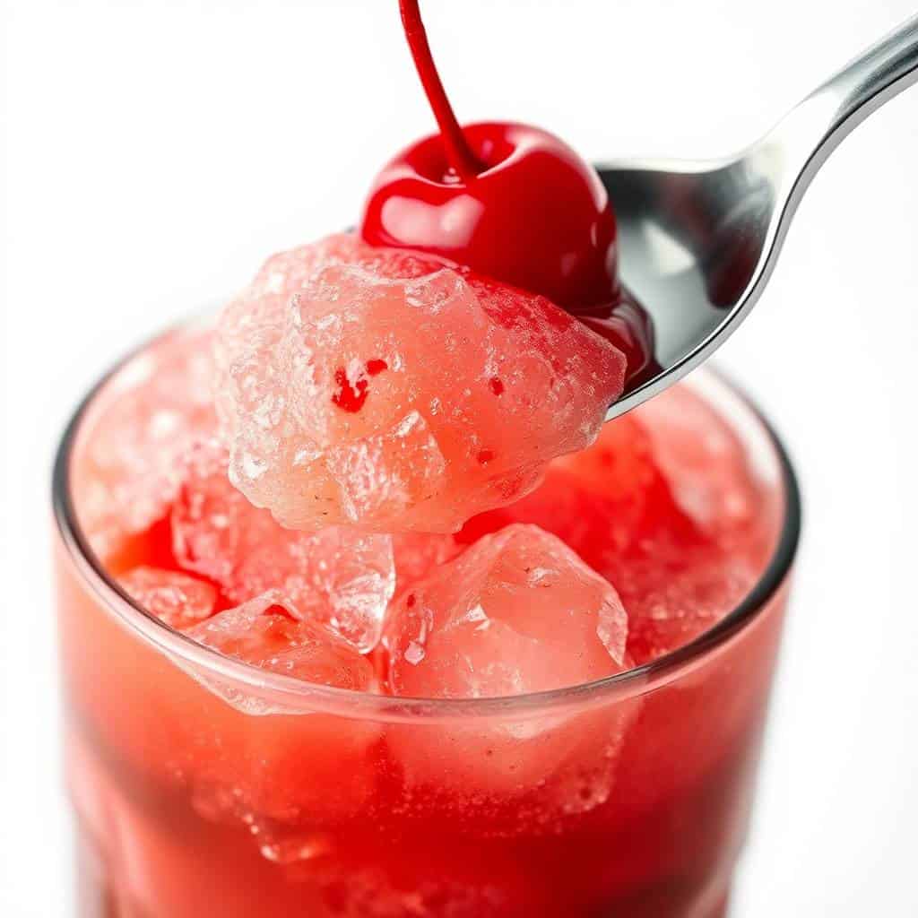 Cherry Coke slushie with ice, maraschino cherry garnish, and spoon in glass.