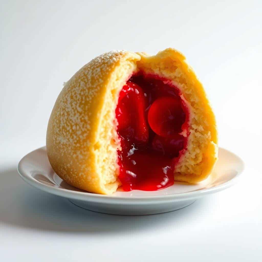 Cherry pie bomb cake with red filling cut open on white plate, dusted with powdered sugar.