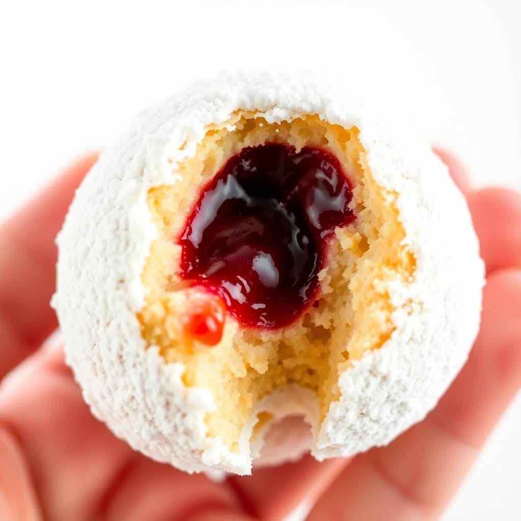 Cherry pie bomb with white powdered sugar coating, revealing red jam filling and golden sponge cake interior.