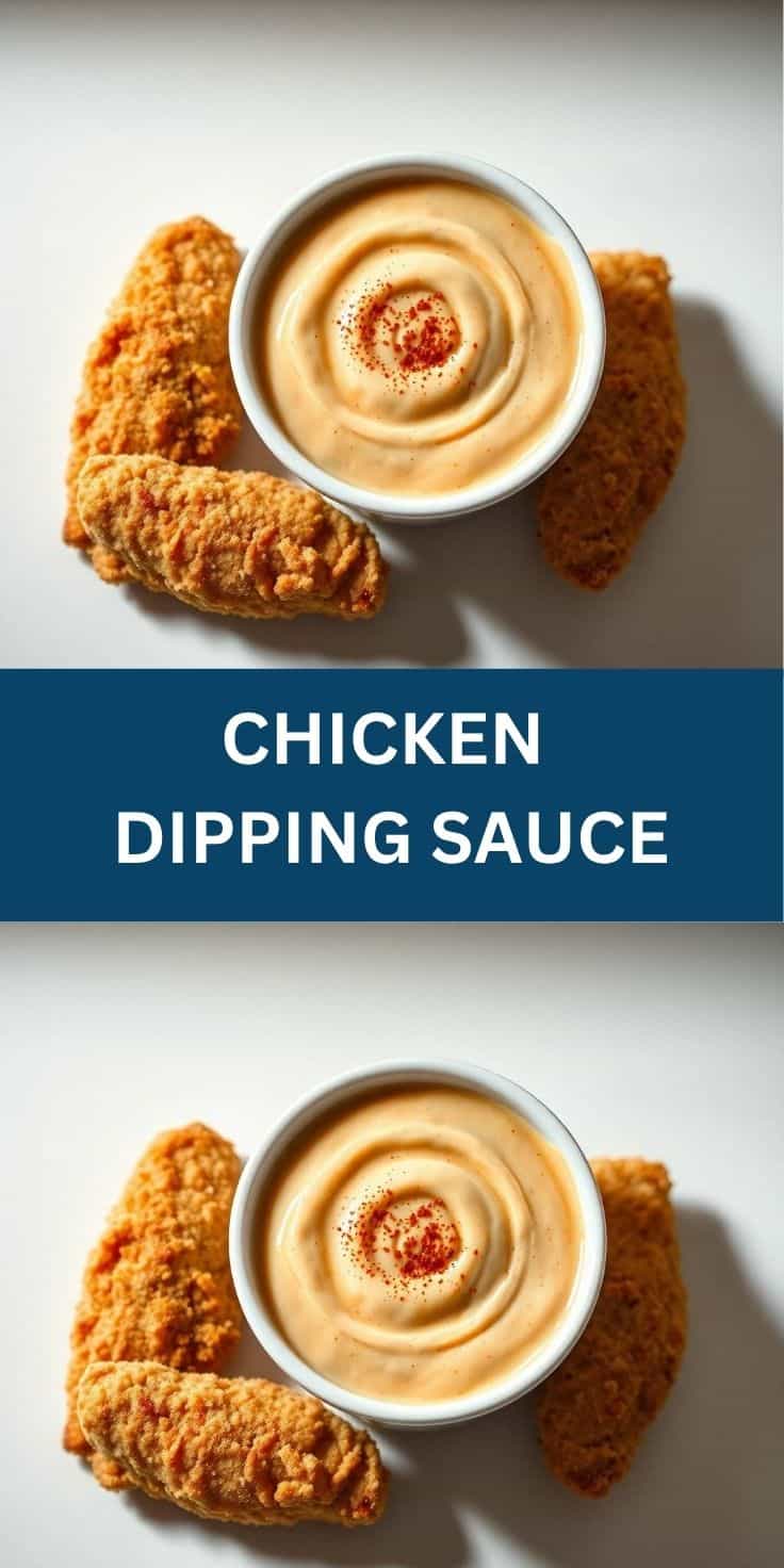 Crispy fried chicken strips with creamy dipping sauce garnished with paprika in white bowl.