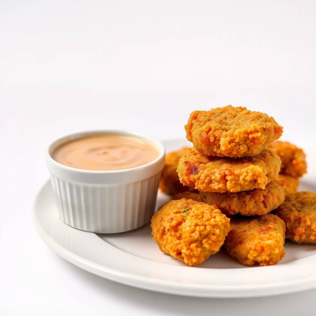 Crispy golden fried chicken nuggets stacked on white plate with creamy dipping sauce in ramekin.