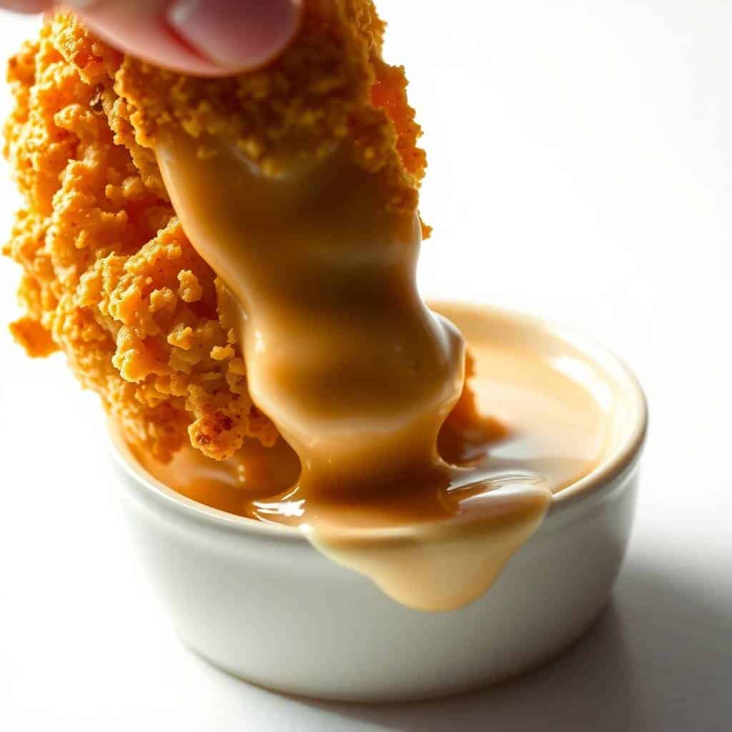 Crispy fried chicken strip being dipped into creamy tan sauce in white ramekin.