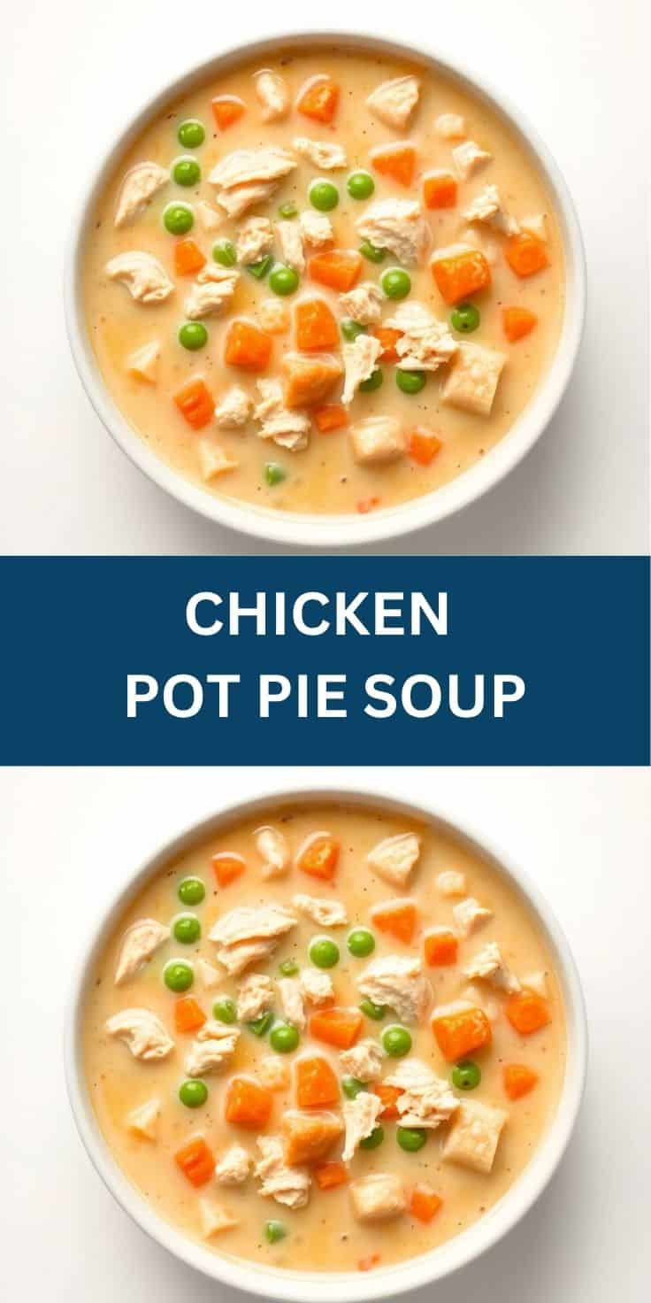 Two bowls of creamy chicken pot pie soup with diced chicken, peas, carrots, and herbs in white bowls.