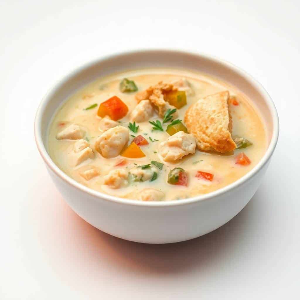Creamy chicken pot pie soup in white bowl with vegetables, chicken pieces, and crispy bread garnish.