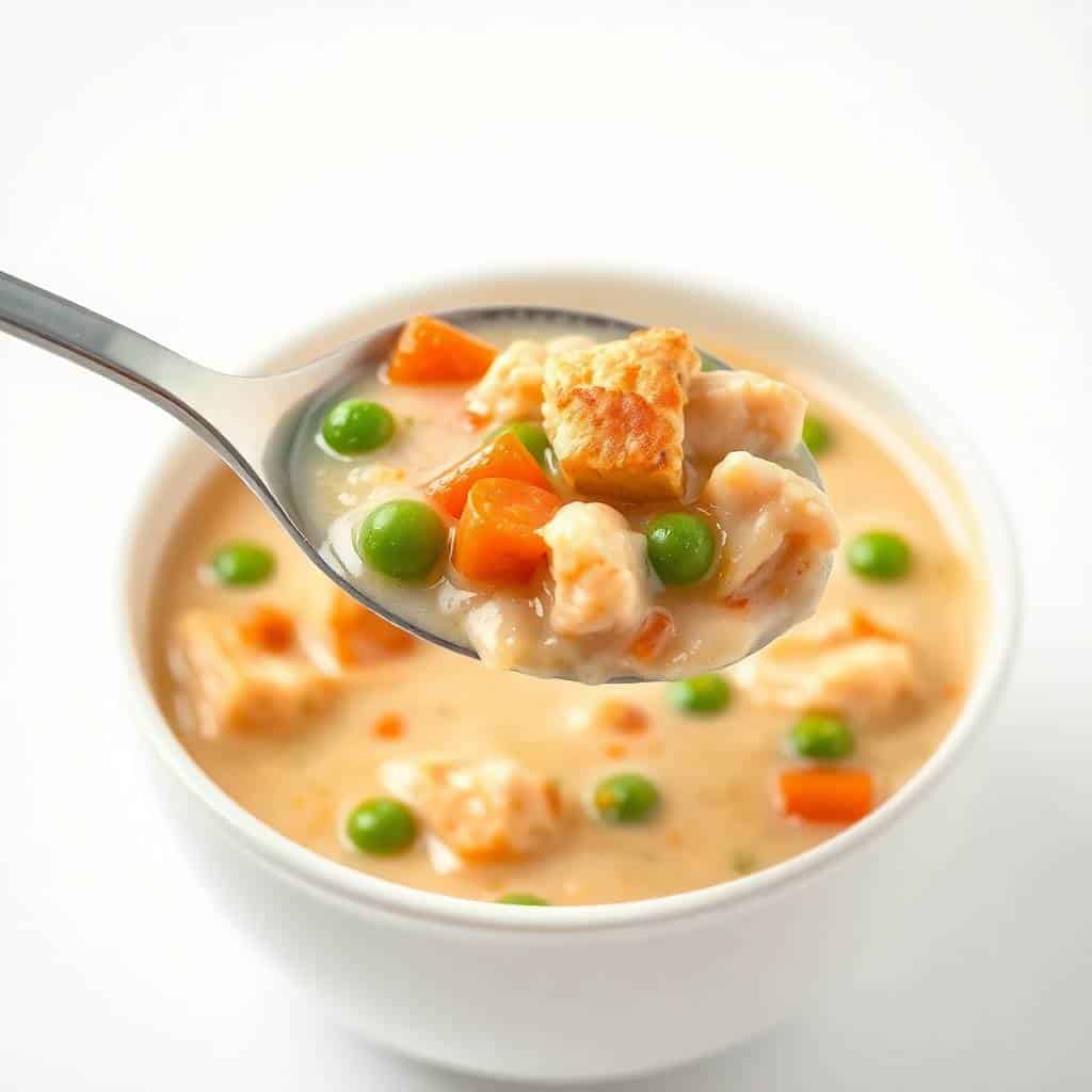 Chicken pot pie soup in white bowl with spoon, featuring chicken, peas, carrots in creamy broth.