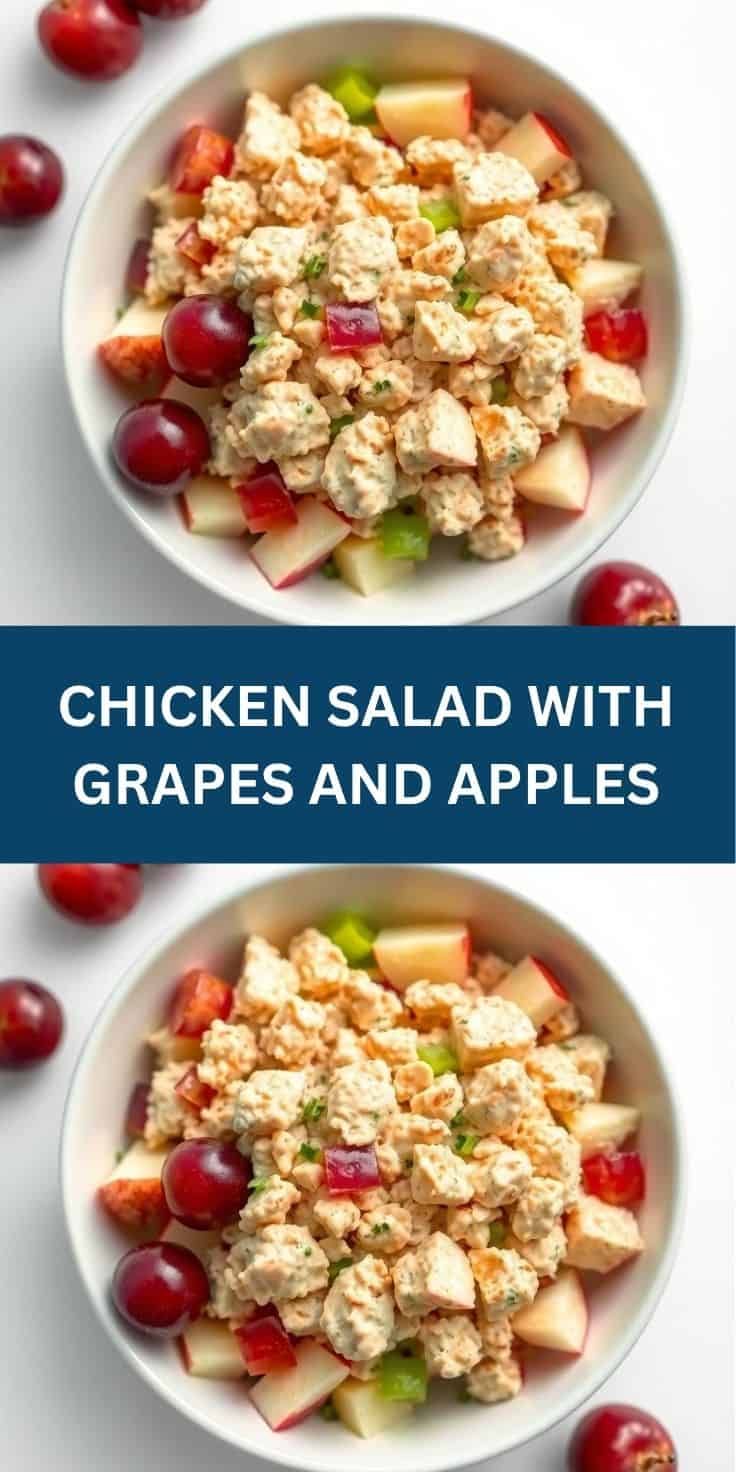 Chicken salad with grapes and apples in white bowl, garnished with fresh herbs and red fruit.