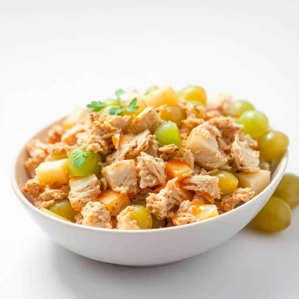 Chicken salad with shredded chicken, grapes, apples, and parsley garnish in white bowl.