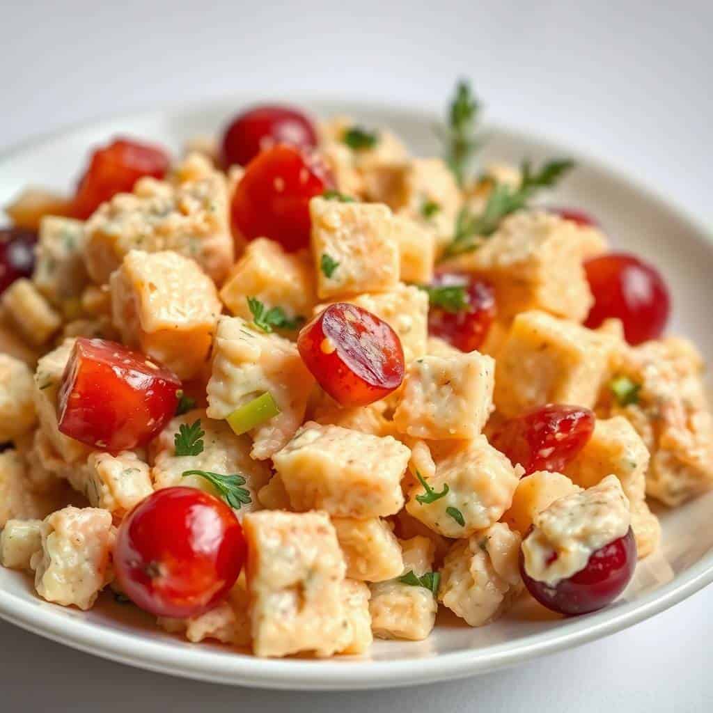 Chicken salad with grapes and apples garnished with parsley on a white plate.