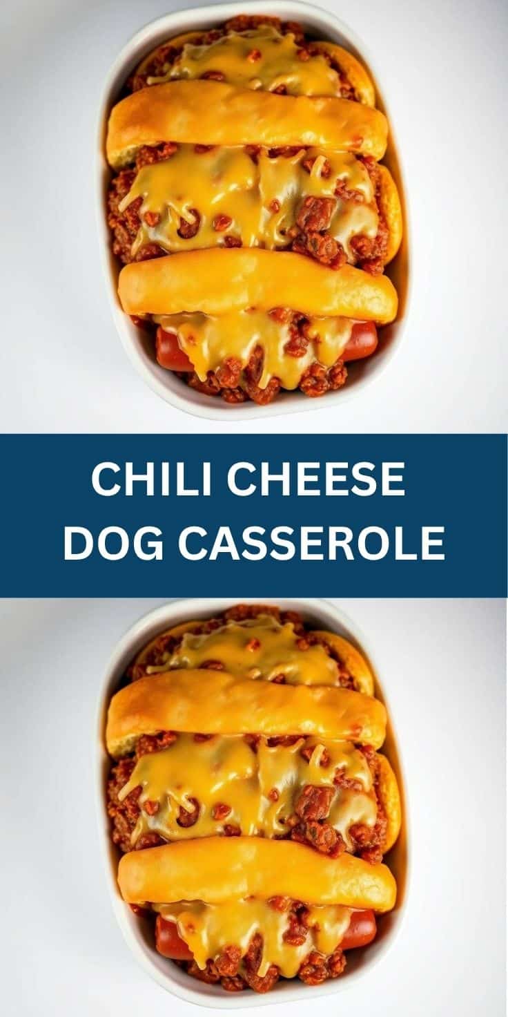 Three chili cheese dogs with melted cheddar and red chili in a white rectangular dish.