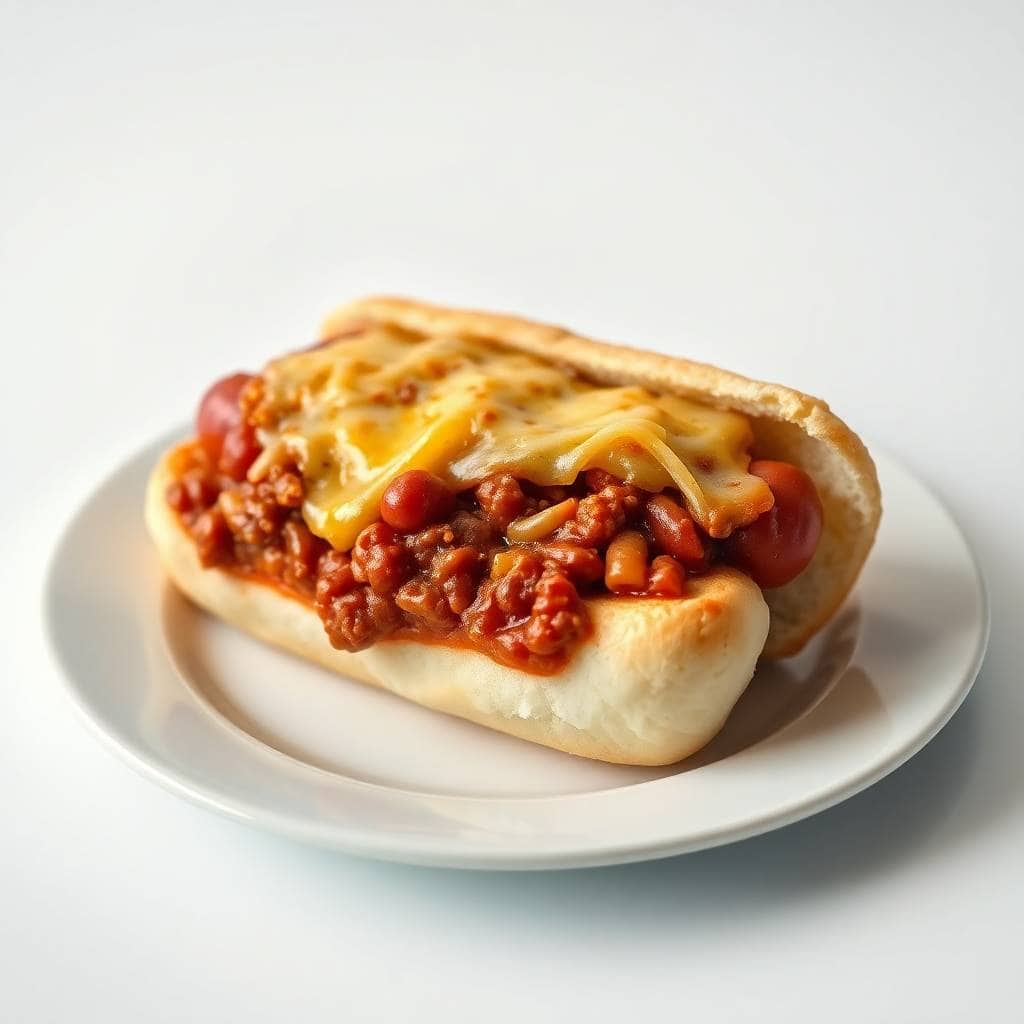 Chili cheese dog on white plate with melted yellow cheese, red chili, and soft bun against light background.