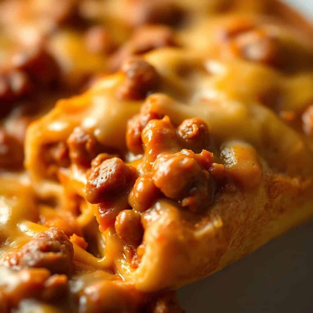 Close-up of chili cheese dog casserole with melted cheddar cheese and beans on top.