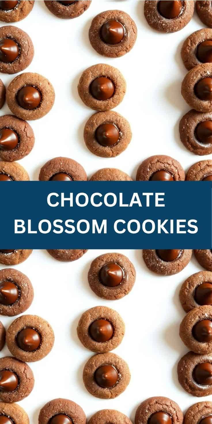 Chocolate blossom cookies arranged on white background, brown cookie bases with chocolate candies centered on top.