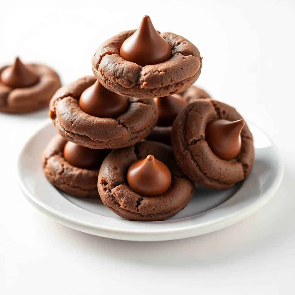 Chocolate blossom cookies stacked on white plate, featuring cracked chocolate dough with pointed candy toppers.