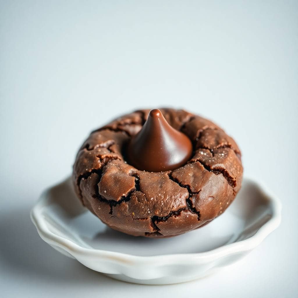 Chocolate blossom cookie with chocolate kiss on white plate against light blue background.