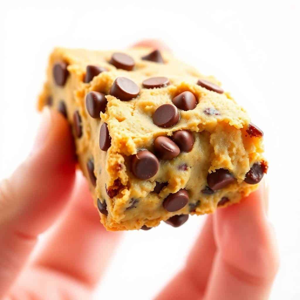 Hand holding a chocolate chip cookie dough bar with melted chocolate chips on golden dough.