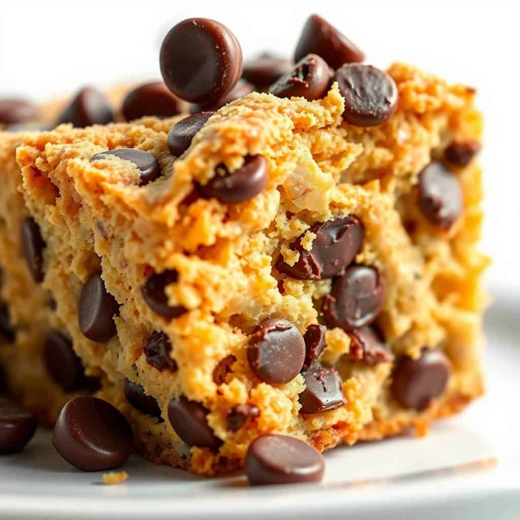Golden chocolate chip cookie dough bars with dark chocolate chips on white plate.