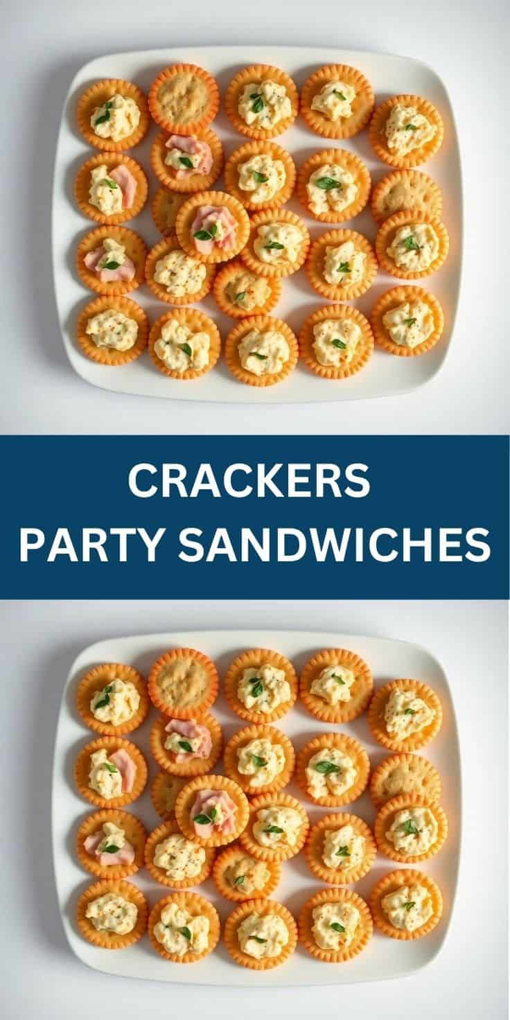 Cracker party sandwiches arranged on white plate with ham and cheese filling topped with green garnish.