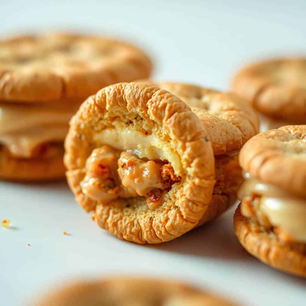 Golden baked cheese and meat-filled crackers arranged on white surface, showcasing flaky pastry texture.