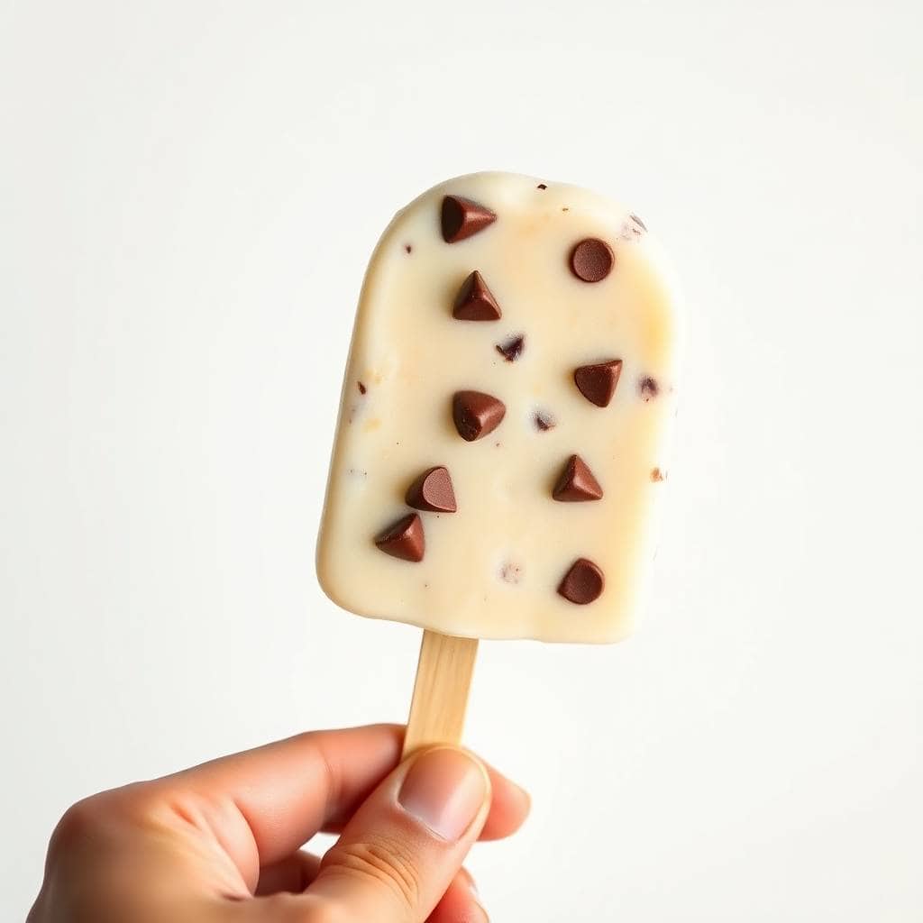 Hand holding white chocolate chip ice cream pop with chocolate chips on wooden stick against white background.