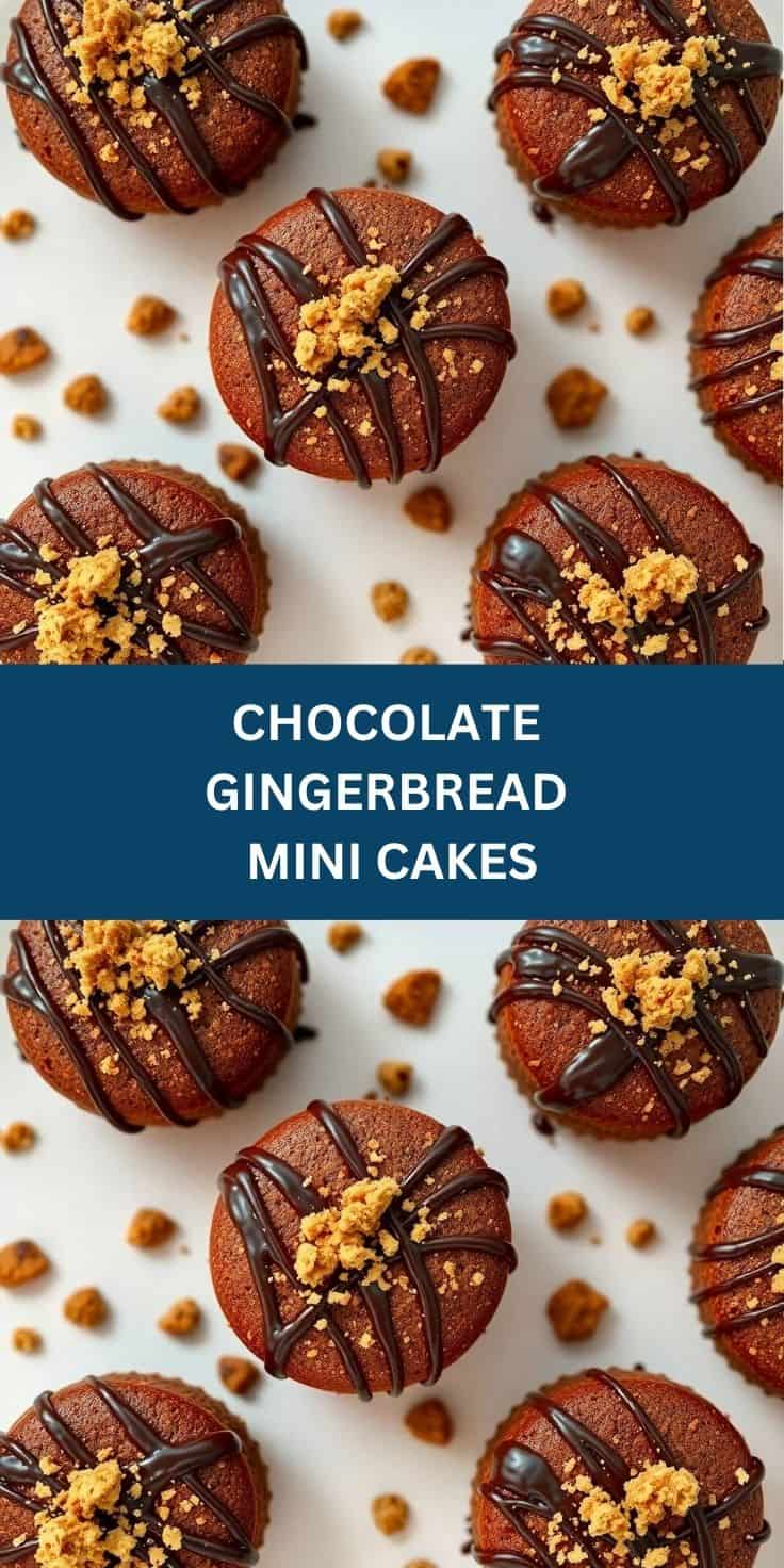 Chocolate gingerbread mini cakes drizzled with dark chocolate and topped with golden crumb garnish.