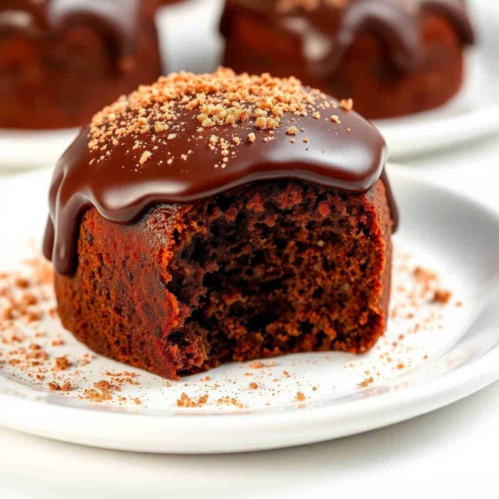 Chocolate gingerbread mini cake with glossy chocolate glaze and golden crumb topping on white plate.