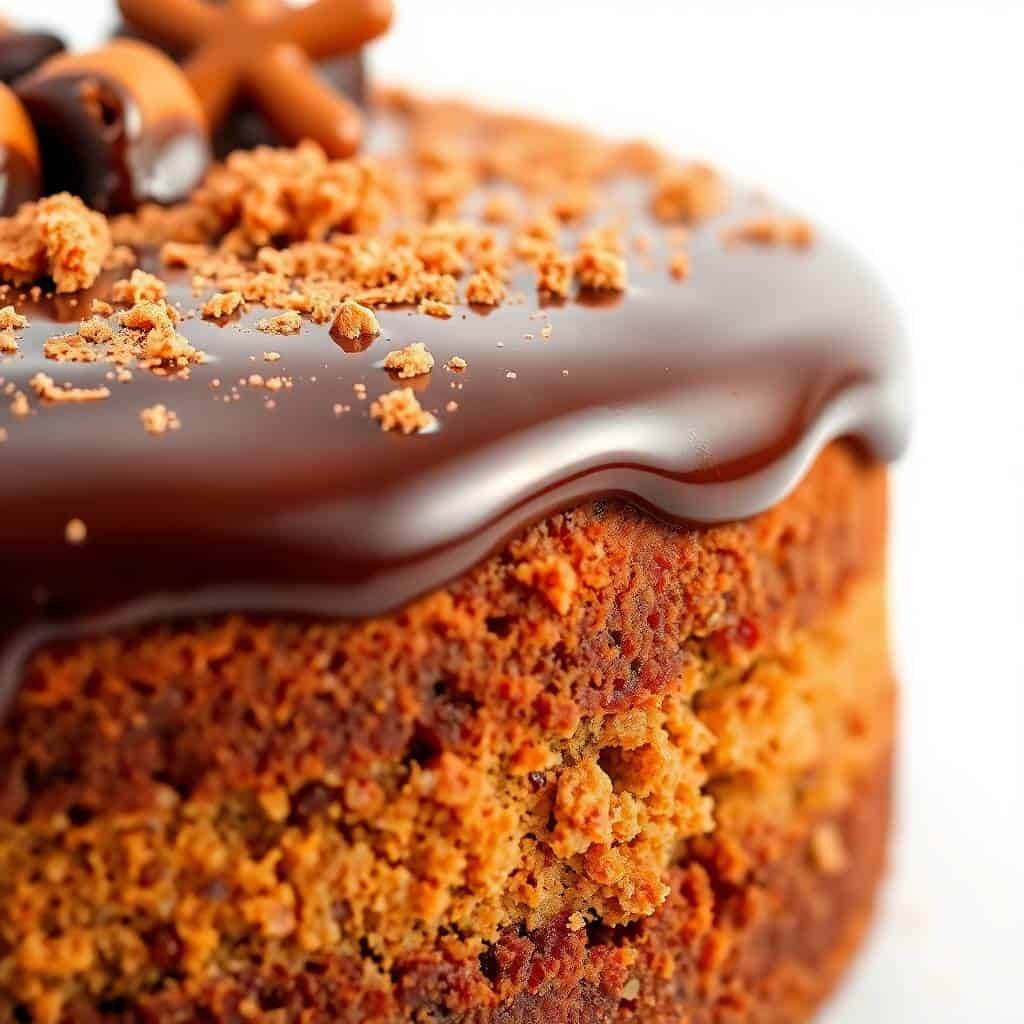 Chocolate gingerbread mini cake with glossy chocolate glaze and crumbled gingerbread topping.