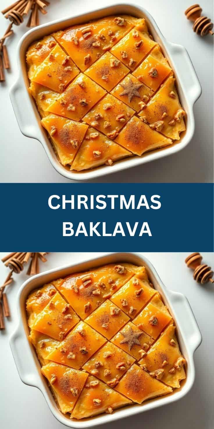 Christmas baklava cut into diamond pieces, topped with walnuts and cinnamon, in white baking dish.
