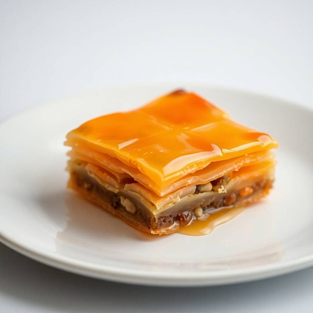 Golden-layered baklava with glazed phyllo pastry and nuts filling, plated on white dish.