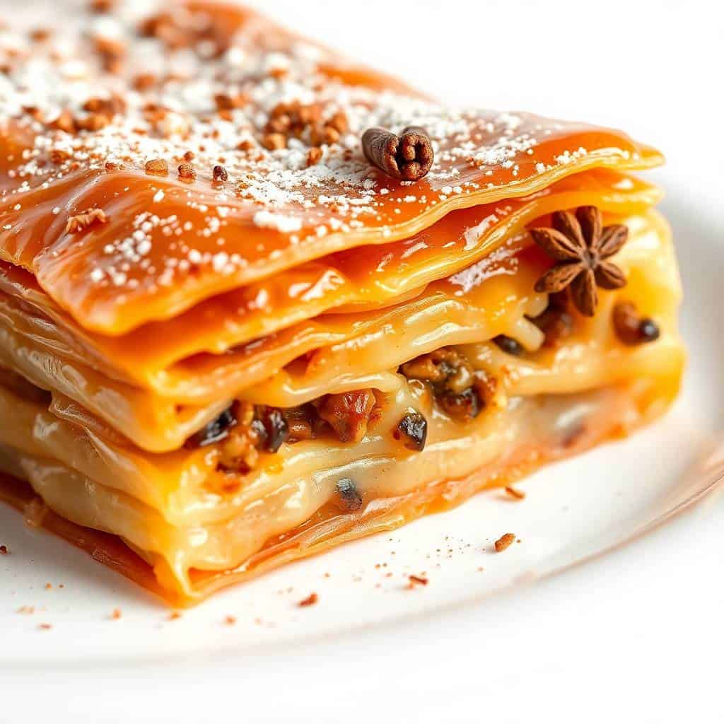 Layered baklava with golden pastry, nuts, and spices, garnished with powdered sugar and star anise on white plate.