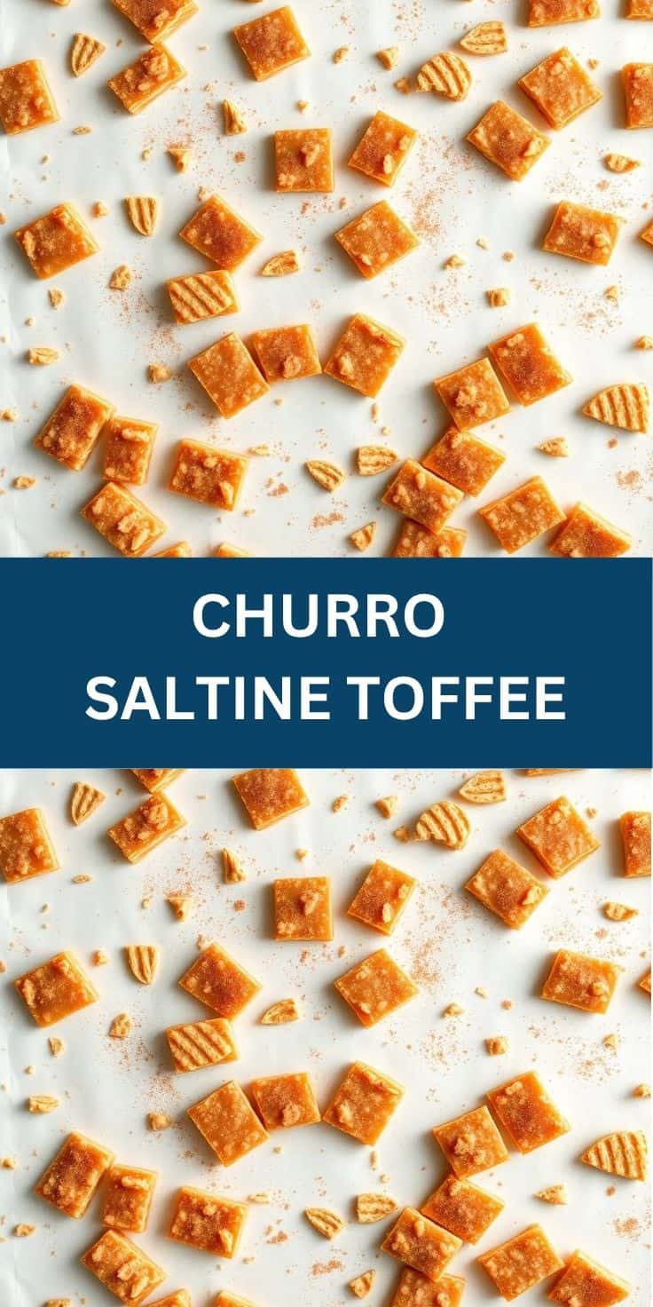 Churro saltine toffee pieces scattered on white surface with cinnamon sugar coating.