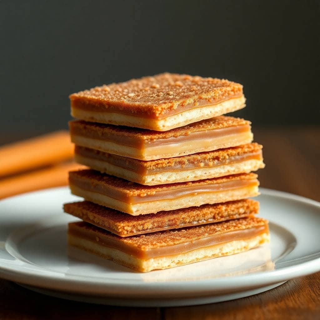 Stacked churro saltine toffee bars with cinnamon sugar coating on white plate.
