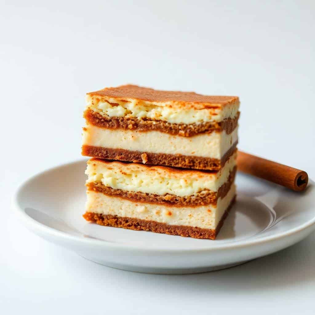 Stacked cinnamon churro cheesecake bars on white plate with cinnamon stick garnish.