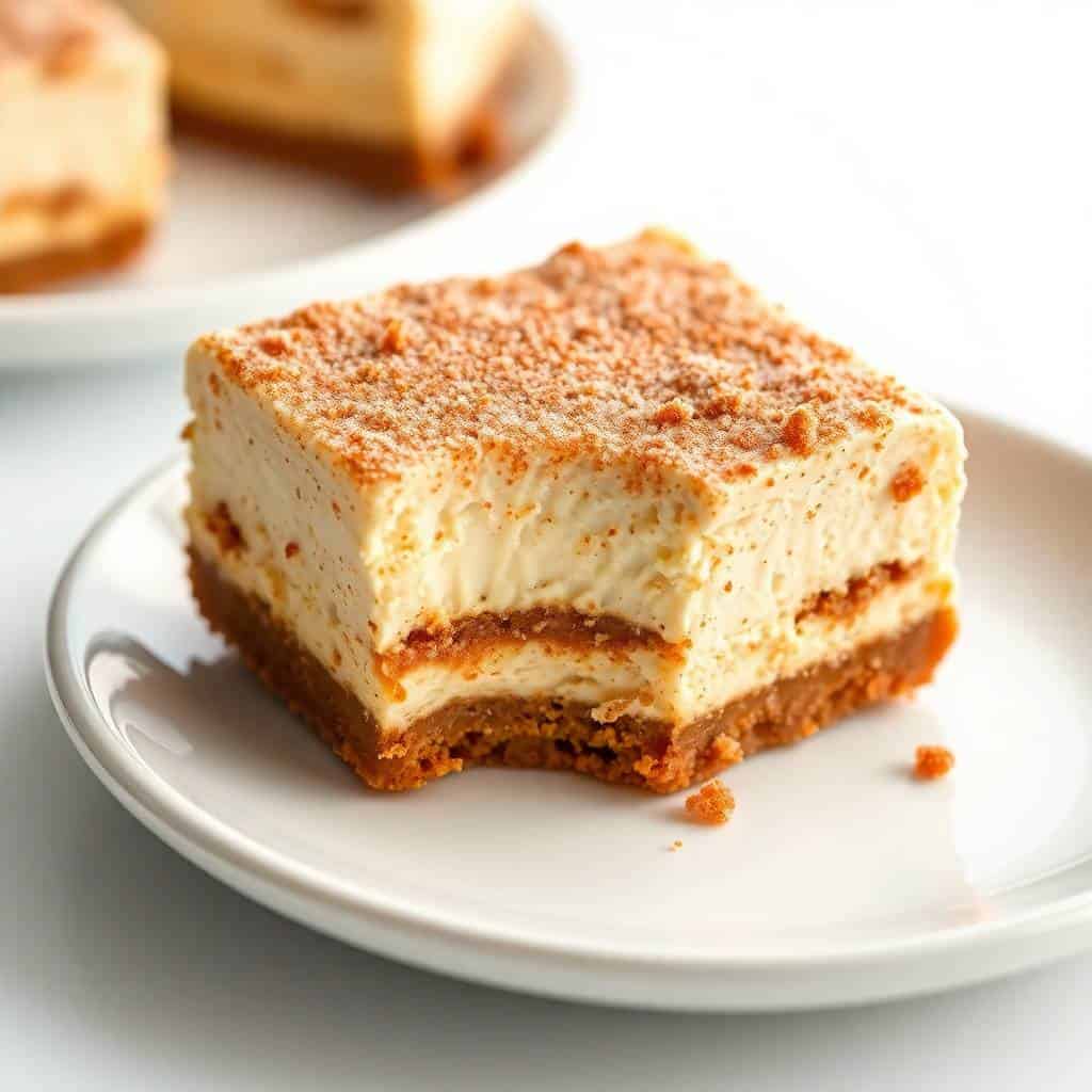 Cinnamon churro cheesecake bar with creamy filling, graham cracker crust, and cinnamon sugar topping on white plate.