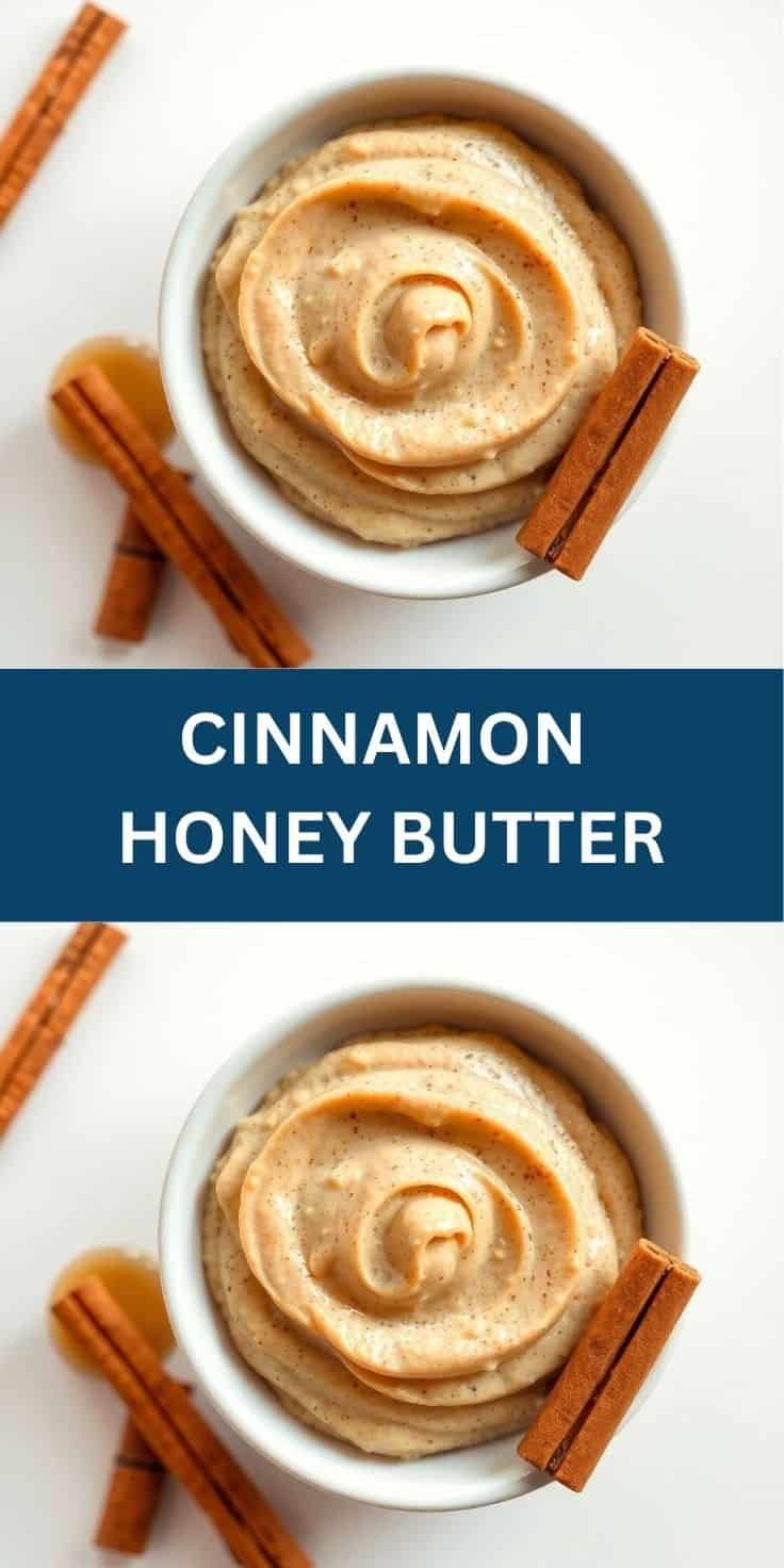 Cinnamon honey butter swirled in white bowl, garnished with cinnamon sticks on white background.