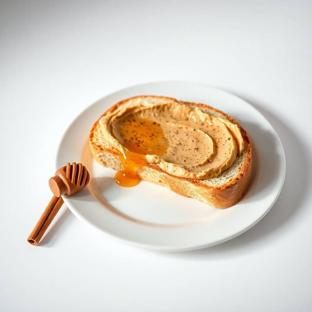 Toasted bread with cinnamon honey butter spread, honey drizzle, and wooden honey dipper on white plate.