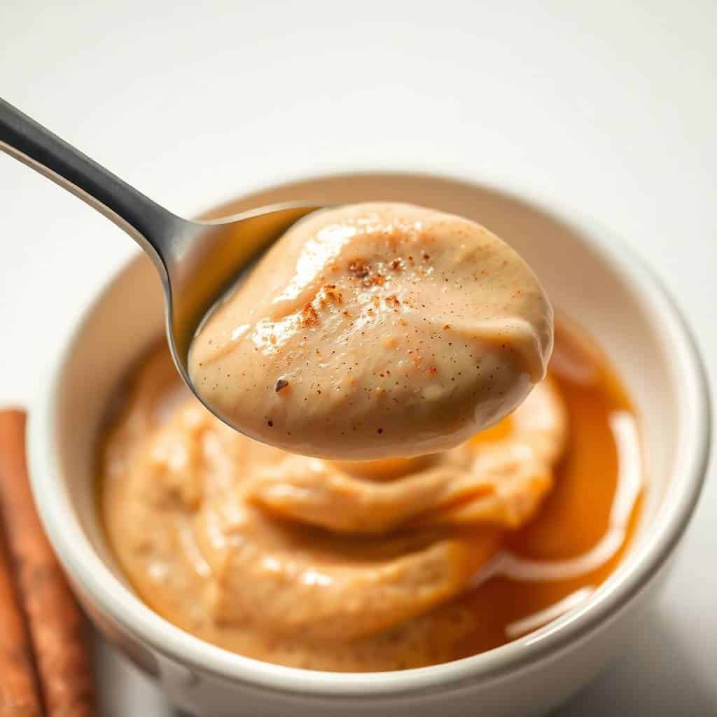 Cinnamon honey butter spooned from a white bowl, garnished with cinnamon and black pepper.