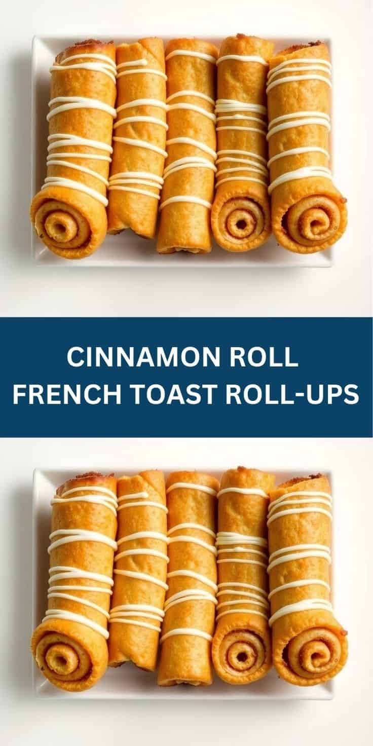 Golden cinnamon roll French toast roll-ups with white icing drizzle arranged on white plate.
